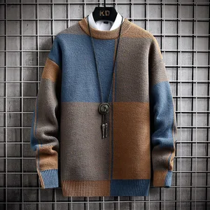 Теплый свитер с полувысоким воротником и цветными блоками/Высококачественный мужской весенне-осенний облегающий Свободный вязаный пуловер с длинным рукавом в Корейском стиле для отдыха