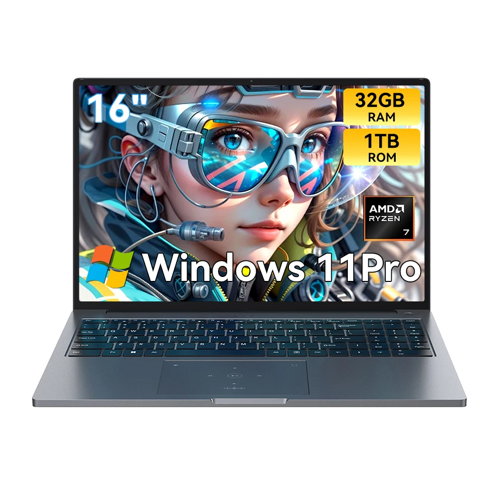 Laptop BLACKVIEW GamiBook 8 con procesador AMD R7 7735HS, pantalla IPS de 16" (1902 x 1200), 32 GB DDR5, 1 TB SSD, 57 Wh, Windows 11 Pro, teclado retroiluminado, Bluetooth 5.2
