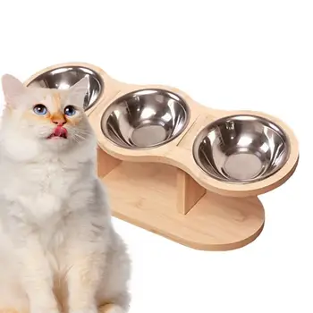 Elevated cat Bowls wooden Tilted cats Feeder Stand with 3 Stainless Steel Food Bowls for Puppies Cats Pet Accessories 2