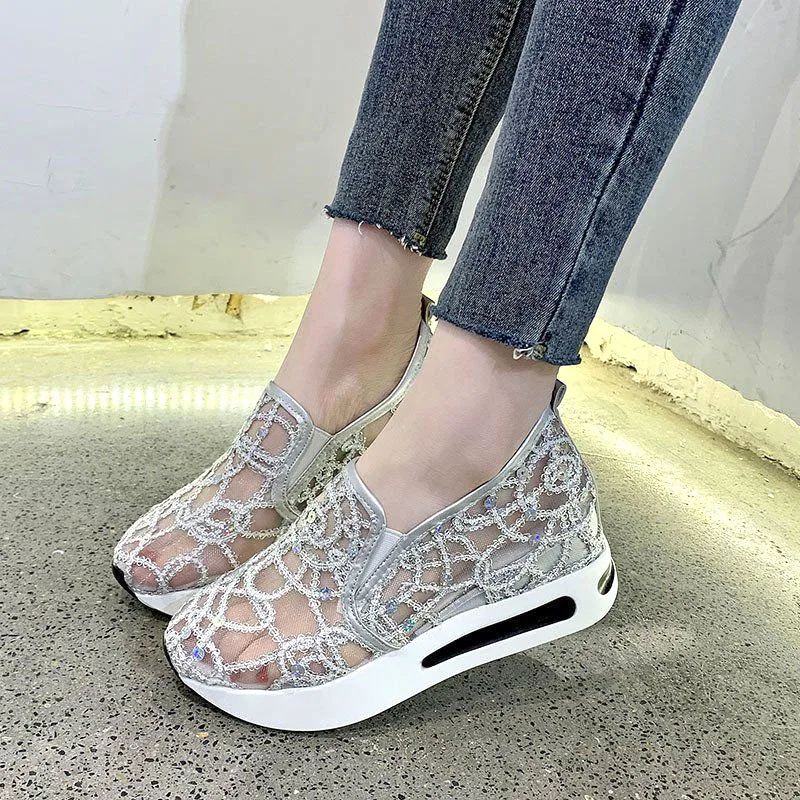 Female Wedge Casual Sneakers Women Gold Silver Platform Shoes