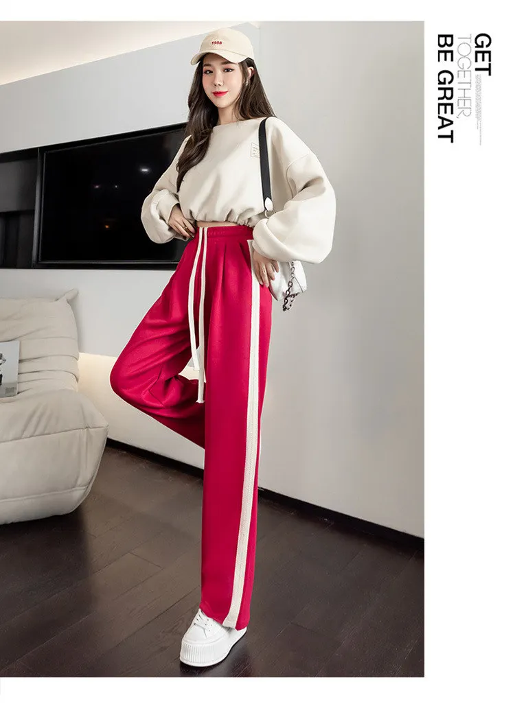 Drawstring Wide-leg Pants Women 2022 Fashion High-waisted Drape Loose Straight-leg Sports Pants Black Casual Sweatpants JD2315 bell bottom jeans