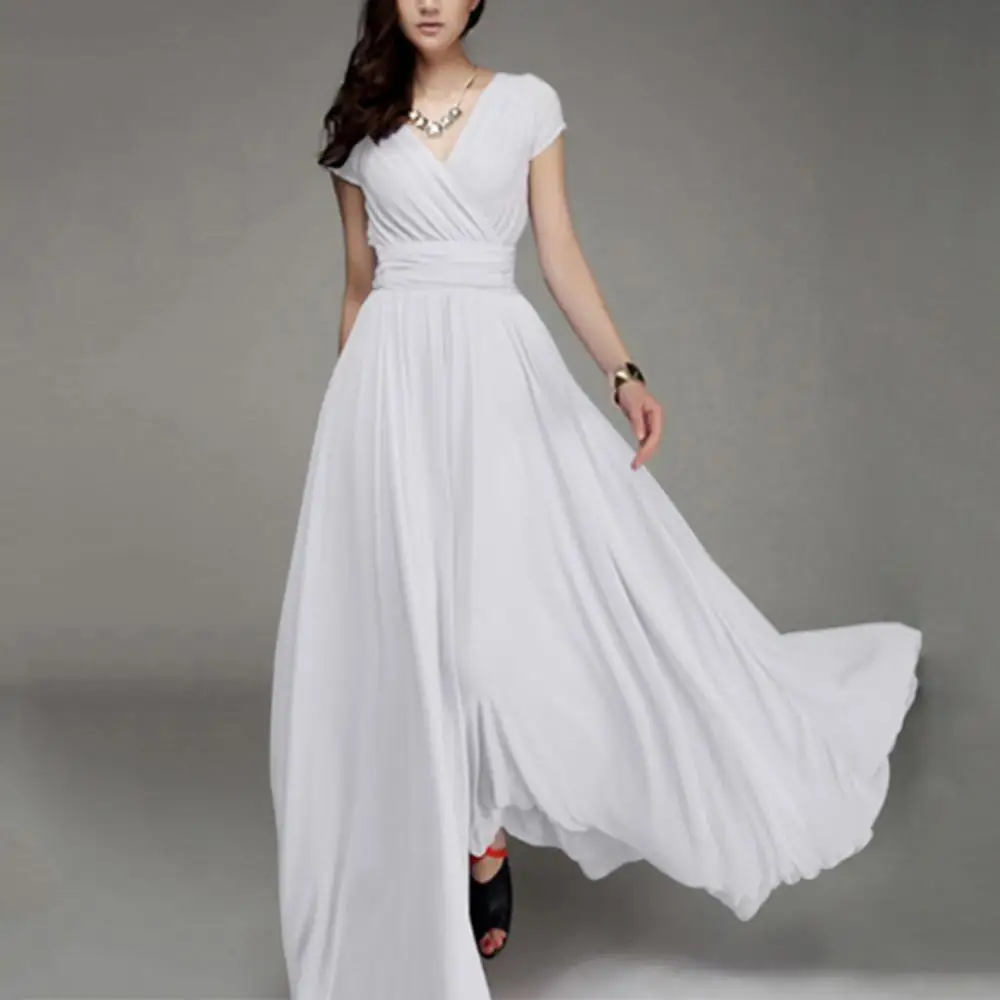 

New Women Dress Plus Size Solid Color Women Party Gown V Neck Short Sleeve Slim Fit Maxi Dress