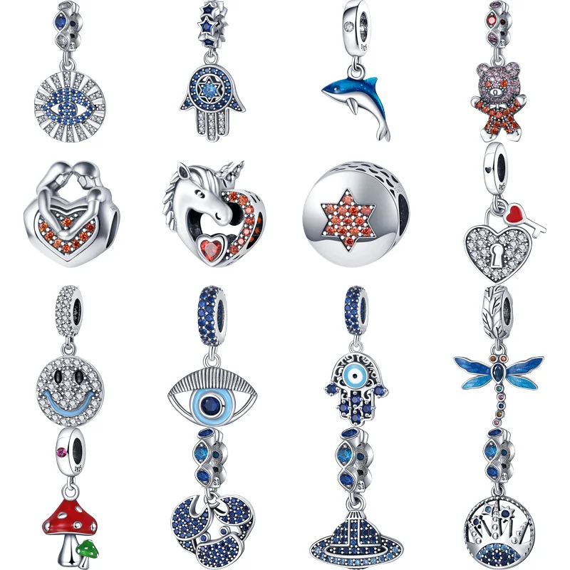 925 Argento Occhi Blu Sorriso Granchio Disco Volante Delfino Arancione Unicorno Perline Fini Misura Originale Pandora Charms Braccialetto Gioielli Fai