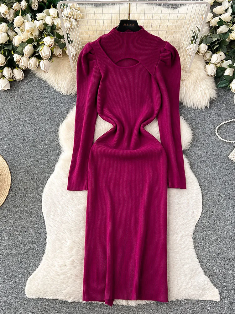 

Women Autumn Vestidos Korean Version High Grade Hollow Out Irregular Tight Fitting Design Light Luxury Knitted Dress D5518