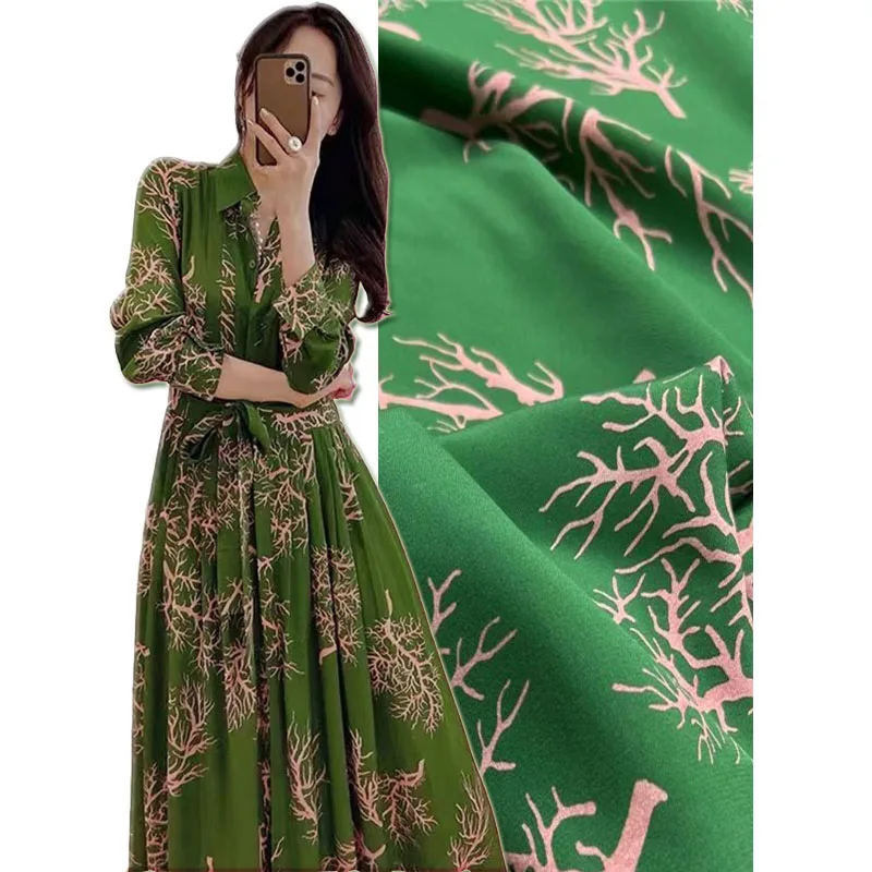 

Fashionable Green Coral Flower Crepe de China Satin Silk Fabric Summer Ladies Dress Cloth Shirt 100% Mulberry Silk Fabrics Sewin