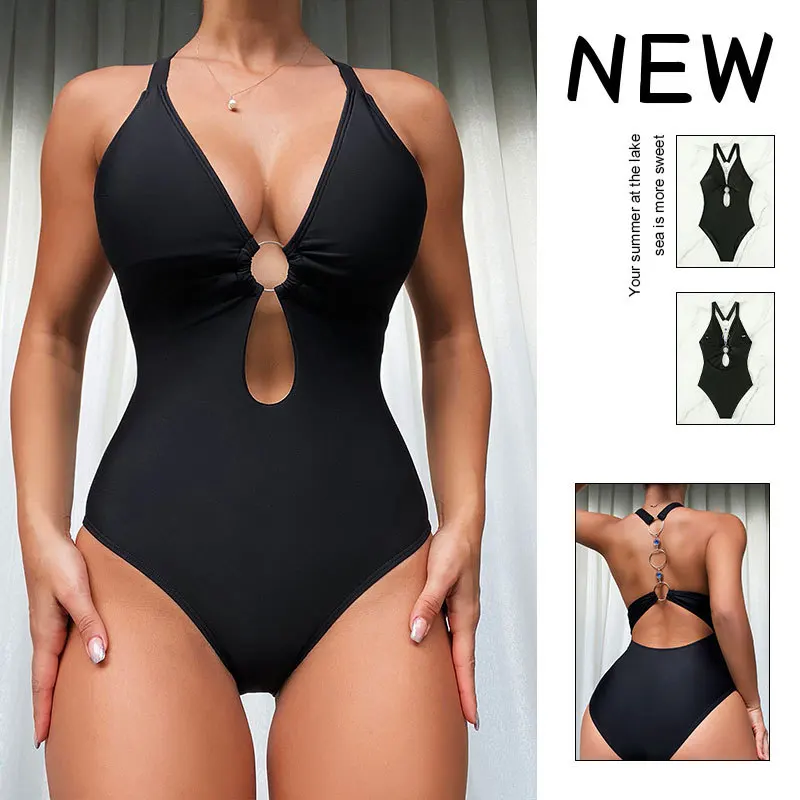 

Sexy bikini Europe and America solid color halter swimsuit one-piece beach one-piece swimsuit 2024 new bikini swimsuit