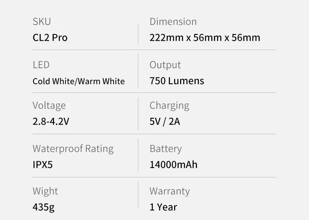 KLARUS CL2 Pro flashlight specifications chart with features and battery details