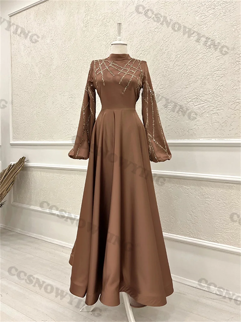 

Satin Beaded Hijab Evening Dresses Long Sleeve High Neck Islamic Formal Party Gown A Line Arabic Dubai Muslim Robe De Soiree