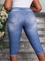 Plus Size Women's Denim Print Capri Leggings Stylish Casual Knit Stretchy Skinny Shorts with Side Button Detail Pattern Pants - Image 4