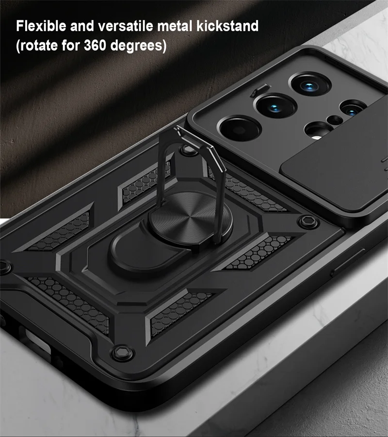 Slide Camera Lens Protection Phone Case with Ultra Ring Stand Hybrid Shockproof Cover