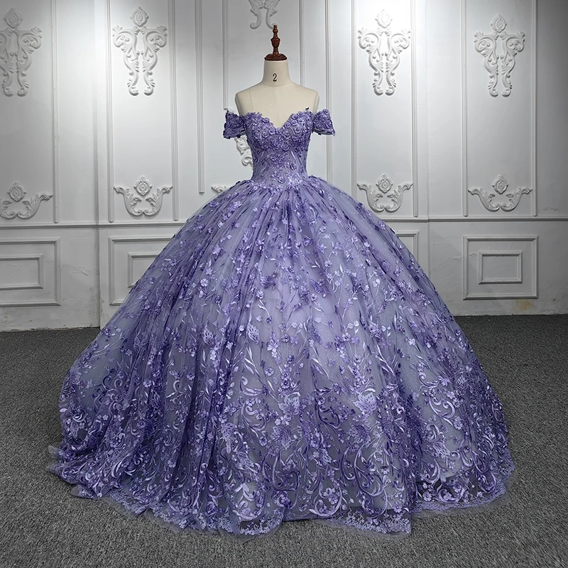 

Purple Glitter Tulle Princess Quinceanera Dresses Off Shoulder Applique Lace Floral Lace-up Prom Vestido de 15 verde