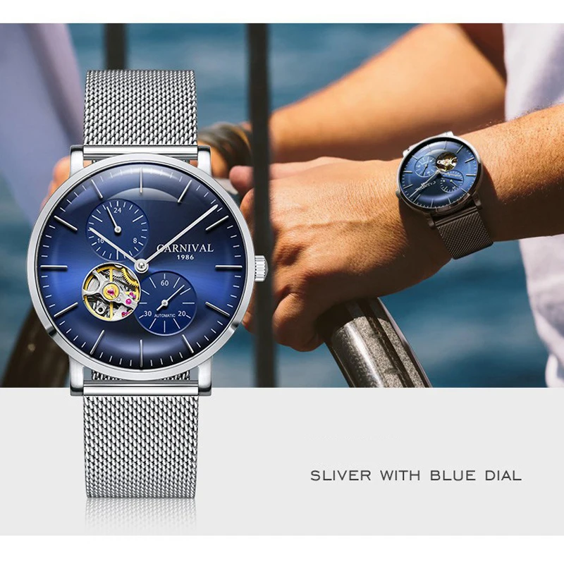 CARNIVAL Top Brand Luxury Hollow Automatic Mechanical Watch Men Stainless Steel Mesh Belt Waterproof Watches reloj hombre