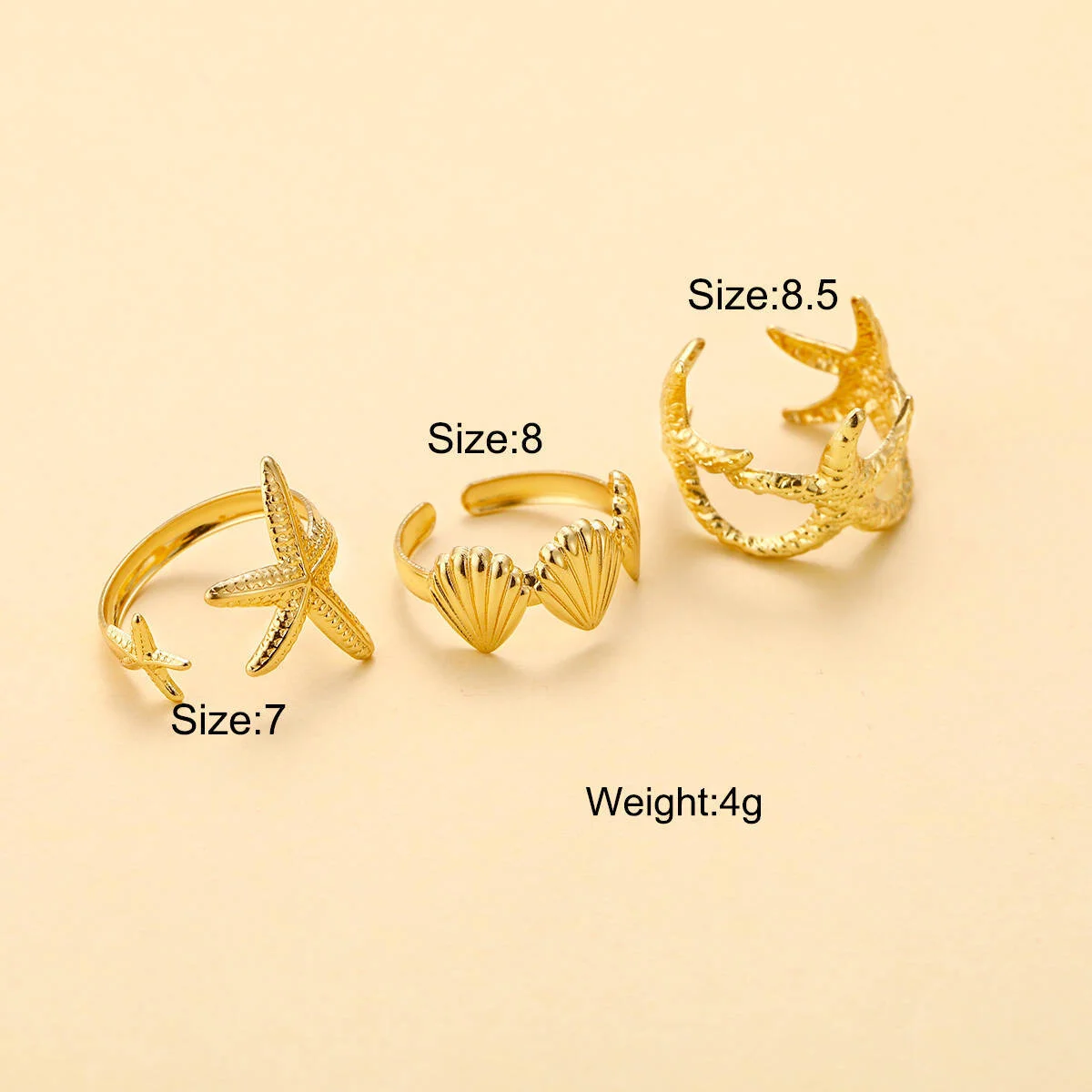 3 Pcs/Set Starfish Scallop Adjustable Open Rings for Women Trendy Geometric Gold Color Ring Summer Beach Jewelry Accessory 2025