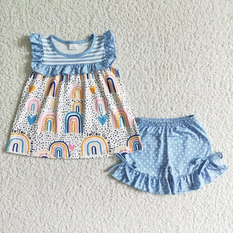 

Wholesale Baby Girl Follow The Rainbow Summer New Clothing Children Stripe Top Toddler Ruffle Blue Dots Shorts Kids Outfit Set