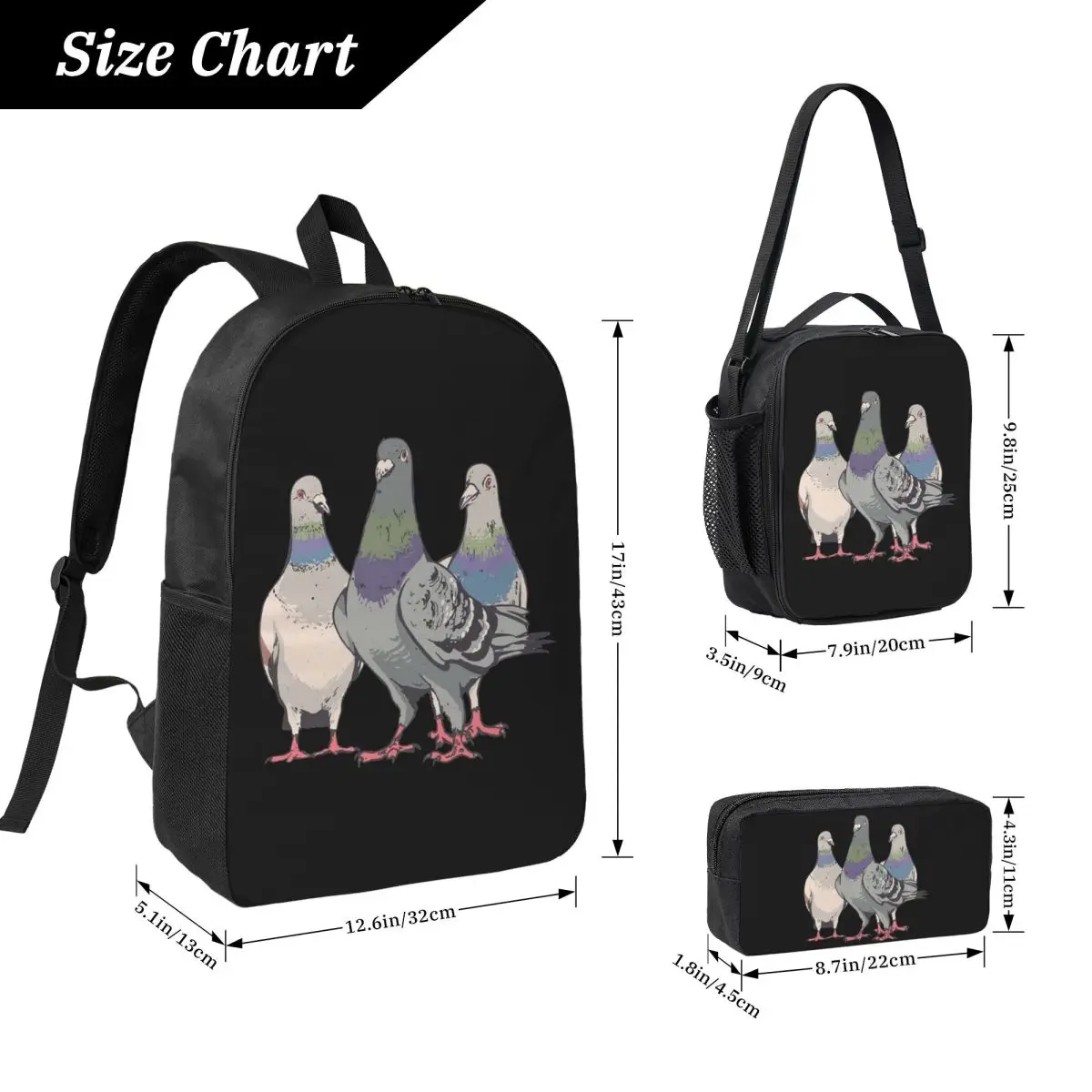 Pigeons, Pigeon Breeding, Pigeon Fanciers Backpack BookBag School Bag Computer Shoulder Bags 3ps Insulated Lunch Bag Pencil Case 2