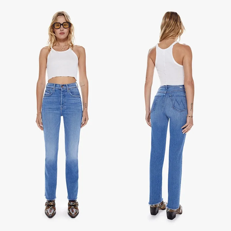 

2023 женские Стрейчевые узкие прямые Универсальные синие джинсовые брюки с оборками и бахромой