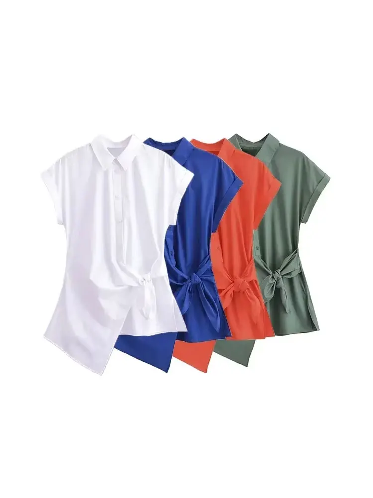 Women's Asymmetric Poplin Shirt with Front Knot Ties