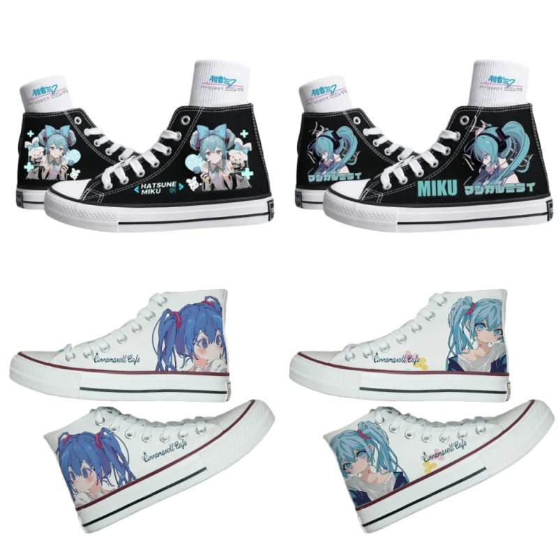 

Kawaii Hatsune Miku парусиновые летние туфли новые Miku тонкие Мультяшные новые высокие/низкие Универсальные мужские туфли стиль пары