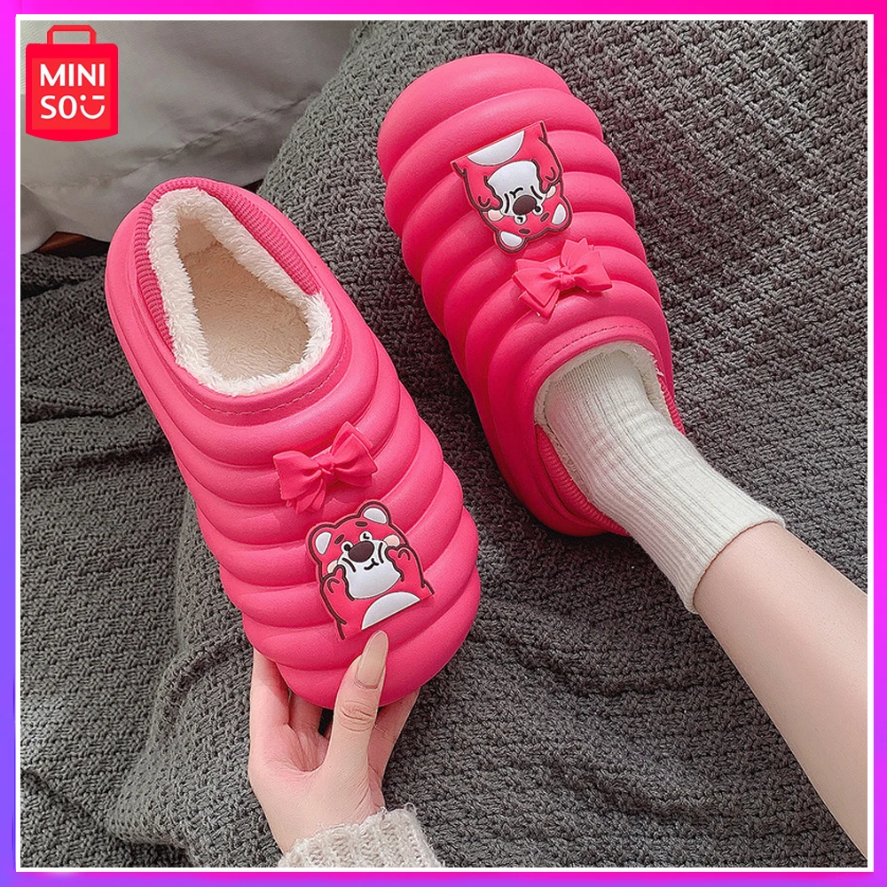 

Miniso Strawberry Bear New Cotton Shoes Winter Plus Fleece Home Warm Big Eye Circle Sole Comfortable All-Wrapped Cotton Slippers