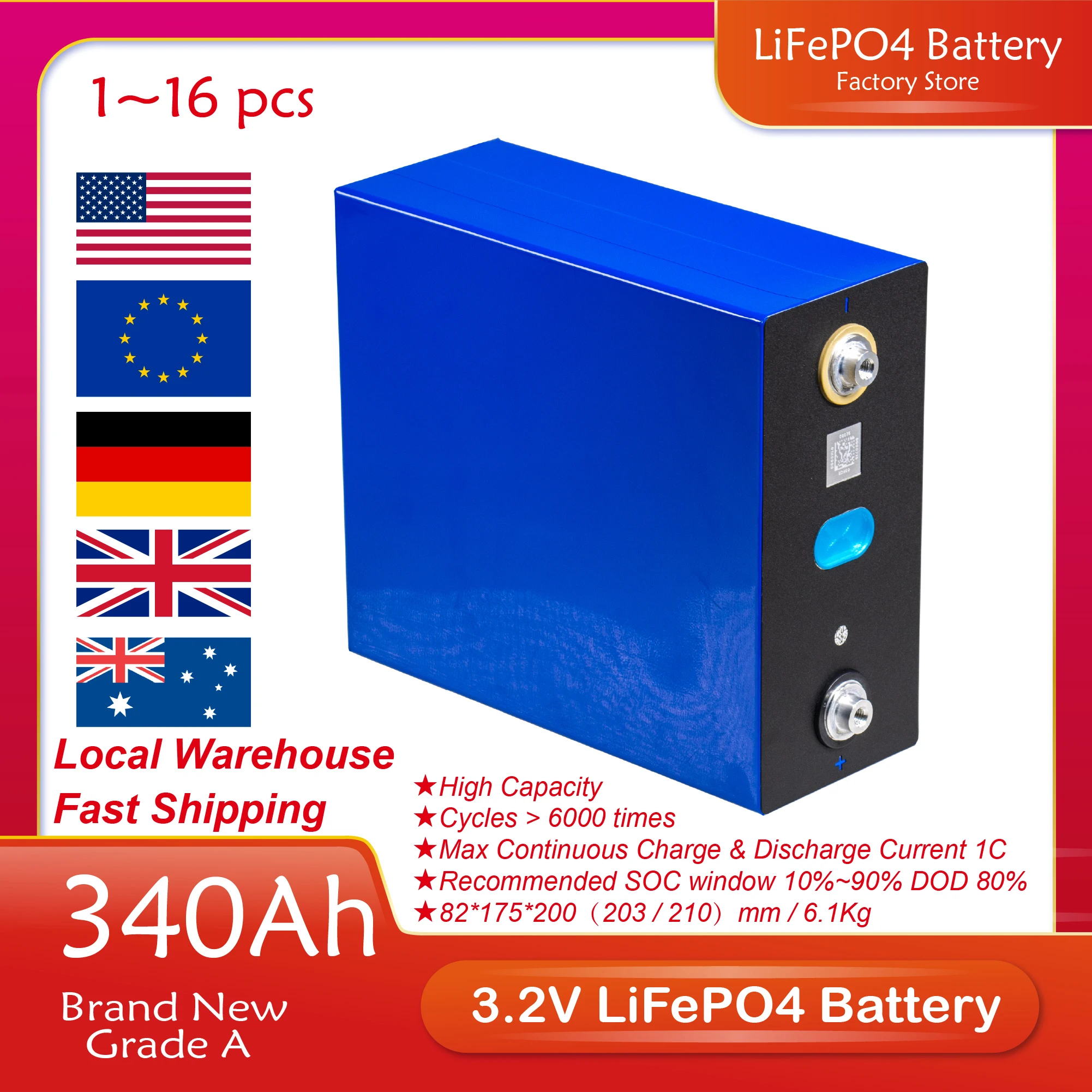

New LiFePO4 Battery 4/8/16PCS 3.2V 340Ah High Capacity Cells Brand New Grade A 6000 Cycles RV EU US Tax Free With Free Busbars