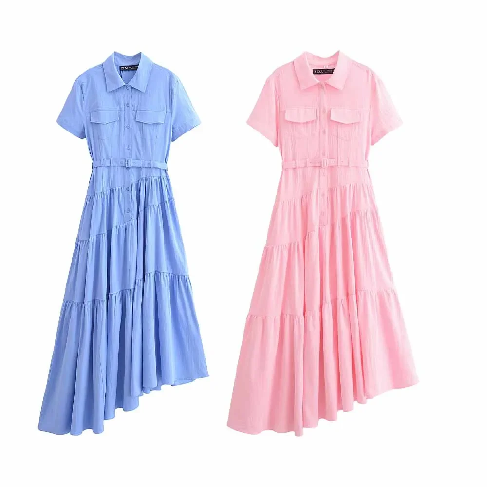 

Women's 2024 New Chic Fashion Joker Slim Fit Version With Belt Shirt Dress Retro Short Sleeve Dress Vestidos Mujer
