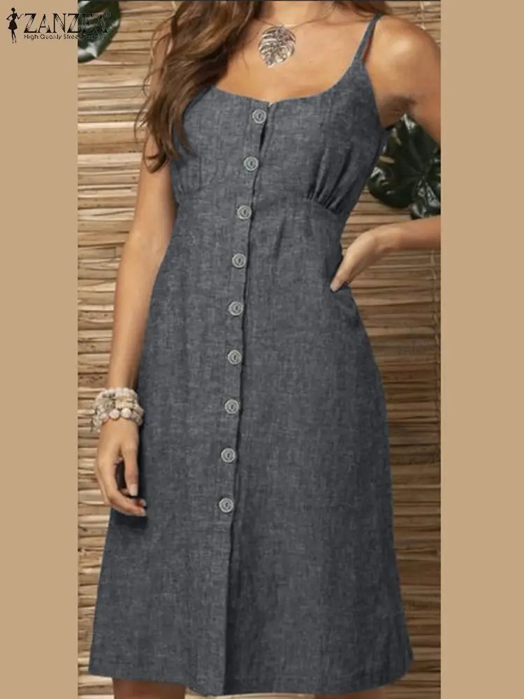 

ZANZEA Women Fashion Straps Dress Summer Beach Dresses Vintage Solid A Line Party Sundress Holiday Robe Femme Causal Vestidos