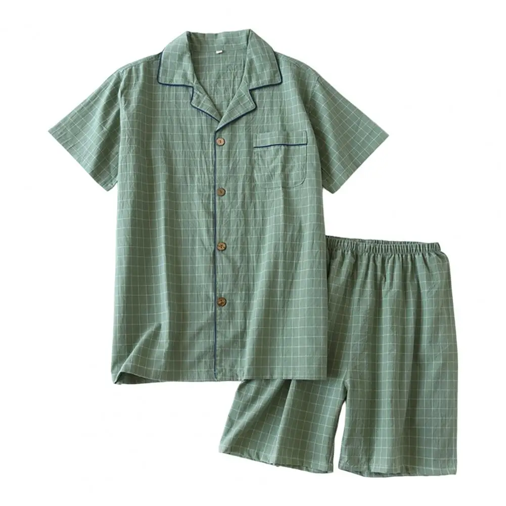 Spring Summer Men's Pajamas Short Sleeved Top and Pants Washed Cotton Simple Plaid Home Service Suit men pyjamas