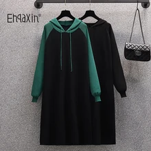 

EHQAXIN New Ladies Knitted Hooded Dress 2022 Spring Autumn Loose Casual Color Contrast Splicing Mid-Length Dresses Women L-4XL
