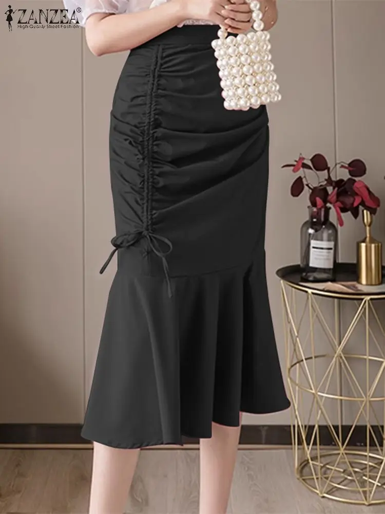 

Women Wrap Hip Skirts ZANZEA Fashion High Waisted Solid Jupes 2023 Autumn Pleating Fishtail Midi Skirt Elegant Drawstring Faldas