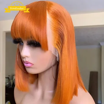 Ginger Orange Short Straight Bob 13x4 HD Transparent Lace Front Human Hair Wig With Bangs Brazilian