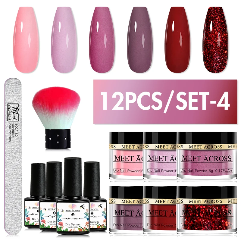 MEET ACROSS 12Pcs/Set Crystal Nude Pink Dipping Nail Powder Set No Need Lamp Nail Art Dipping Powder System Gel Polish Kit