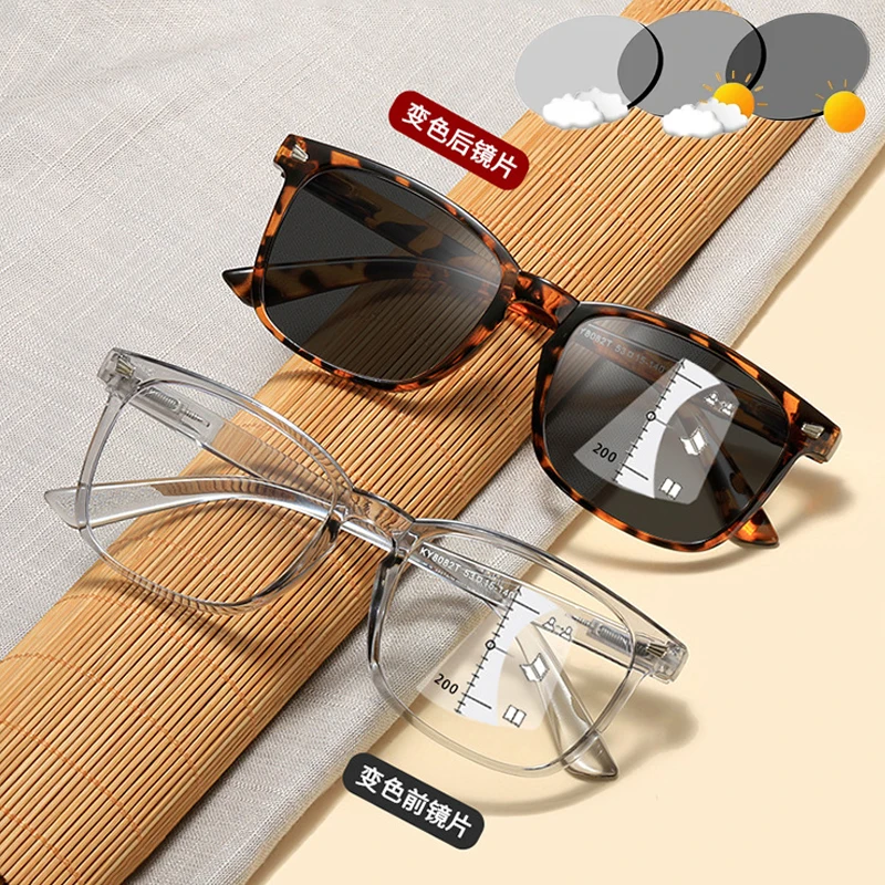 Men Women Multifocal Progressive Photochromic Reading Glasses Anti-blue Light Far Eyewear Sunglasses with Diopters +1.0 To +4.0 2