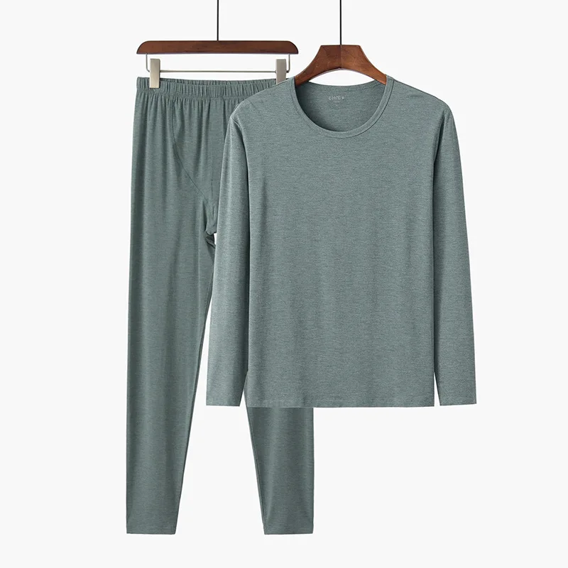 Comfort Soft 95% Bamboo Fiber Sleepwear For Sleeping Men Winter Pajama Long Sleeve Top And Trousers Set Solid Thermal Undershirt