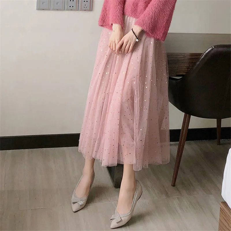 Tulle Skirt Mesh Star Sequins High Waist A-line Midi Skirt Pink Beige Evening Nigth Party Sexy Skirt Women falda black skirt