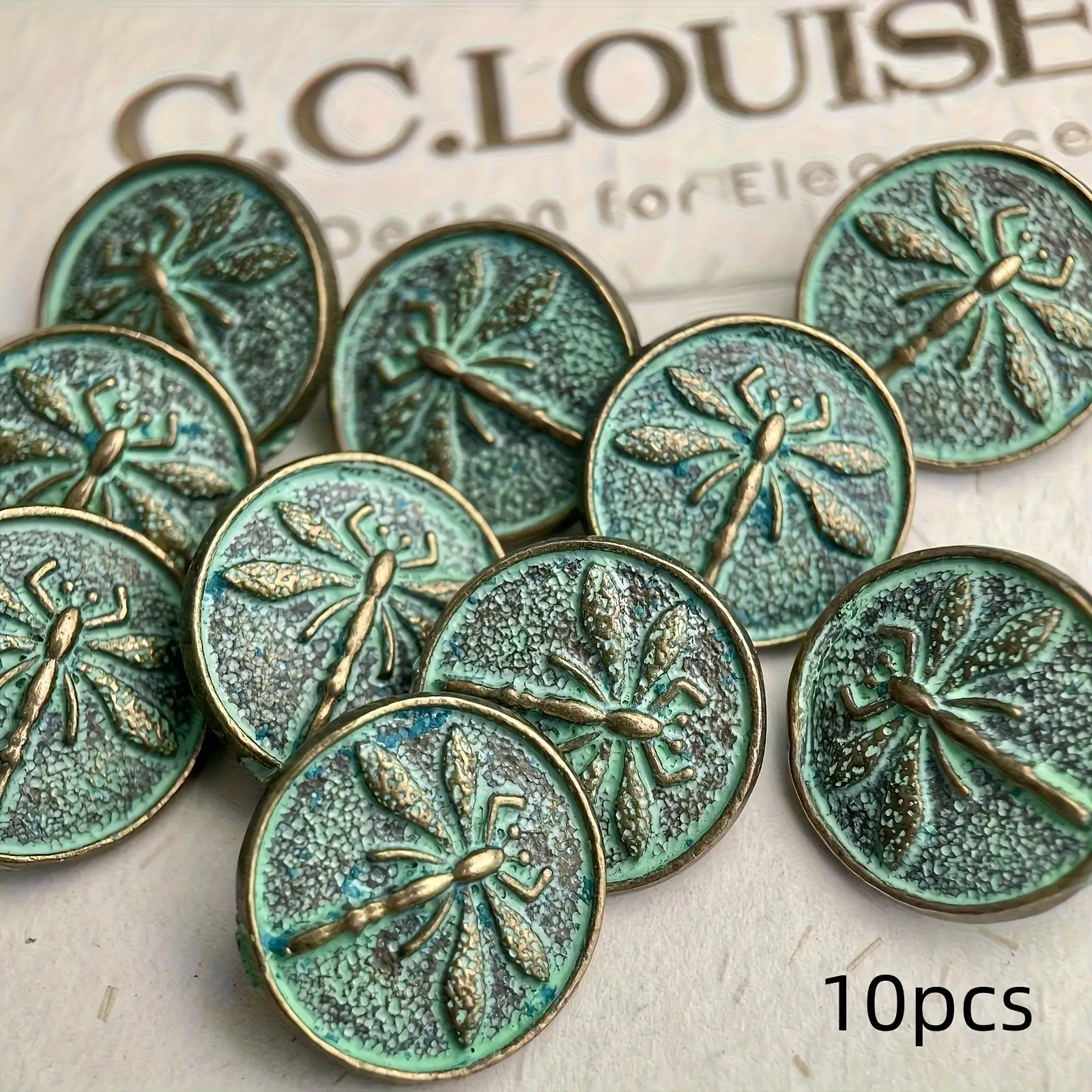 10 Stück 17 mm große Vintage-Knöpfe aus Metall mit Libellenmotiv in grünem Kunstkupfer. Geeignet für Kleidung, Haaraccessoires, Taschen und Gürtel, Ha – Detail 7