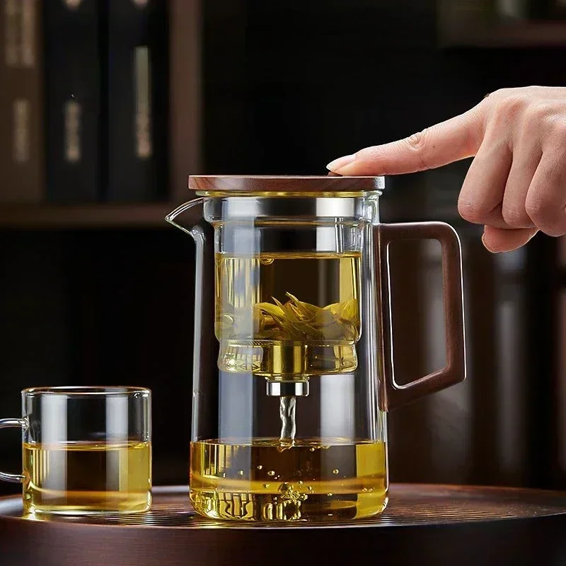 Elegant Cup Teapot, One-touch Filter, Walnut Wood, High Temperature Resistant, Full Glass Liner, Tea Water Separator Cup