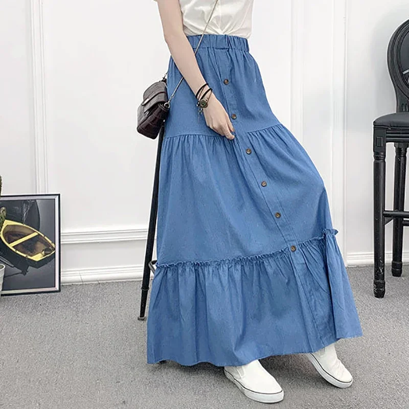 

Женская джинсовая юбка с рюшами, Повседневная синяя длинная юбка с высокой талией, на пуговицах, в стиле пэчворк, модная уличная одежда