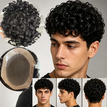 Toupet riccio da 20 mm per uomo, base in NPU resistente con parte superiore in pizzo a rete mono fine, sistema di capelli umani al 100% per protesi capillare maschile, riccioli da 24 mm