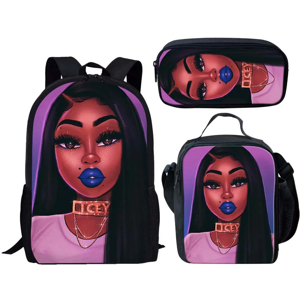 Popular Funny black African Girls 3D Print 3pcs/Set pupil School Bags Laptop Daypack Backpack Lunch bag Pencil Case