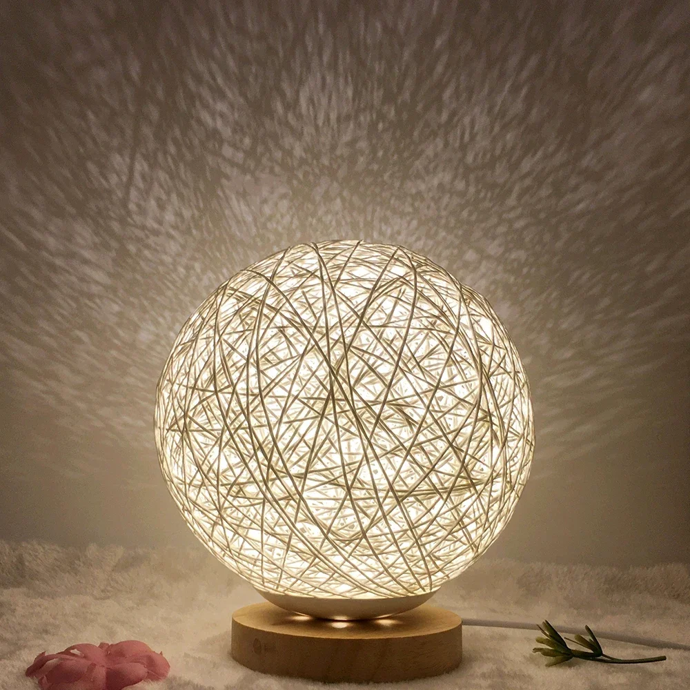 

Wood Table Ball Light shade USB Bedroom Bedside Night Light Home Decor LED Moon Table Lamp Dimmable Linen Ball Rattan Lamp