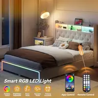 Full LED Bed Frame with Storage Headboard & Charging Station, Velvet Fabric Platform Bed Frames with 4 Drawers,Beige 4