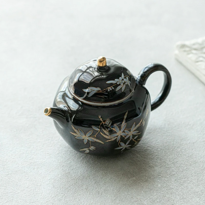 Chinese retro teapot black gold glaze apricot flower belt filter square pot household high-end kung fu tea set ceramic tea maker