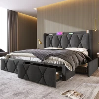 Мягкая кровать с функцией USB-зарядки, изголовьем и 4 ящиками, двуспальная кровать, каркас кровати для хранения вещей, деревянное решетчатое основание.