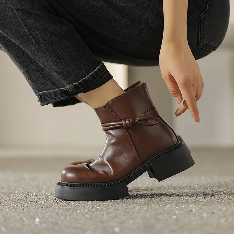 

NEW Autumn Boots Women Round Toe Chunky Heel Women Boots Split Leather Shoes for Women Winter Chelsea Boots Platform Women Boots