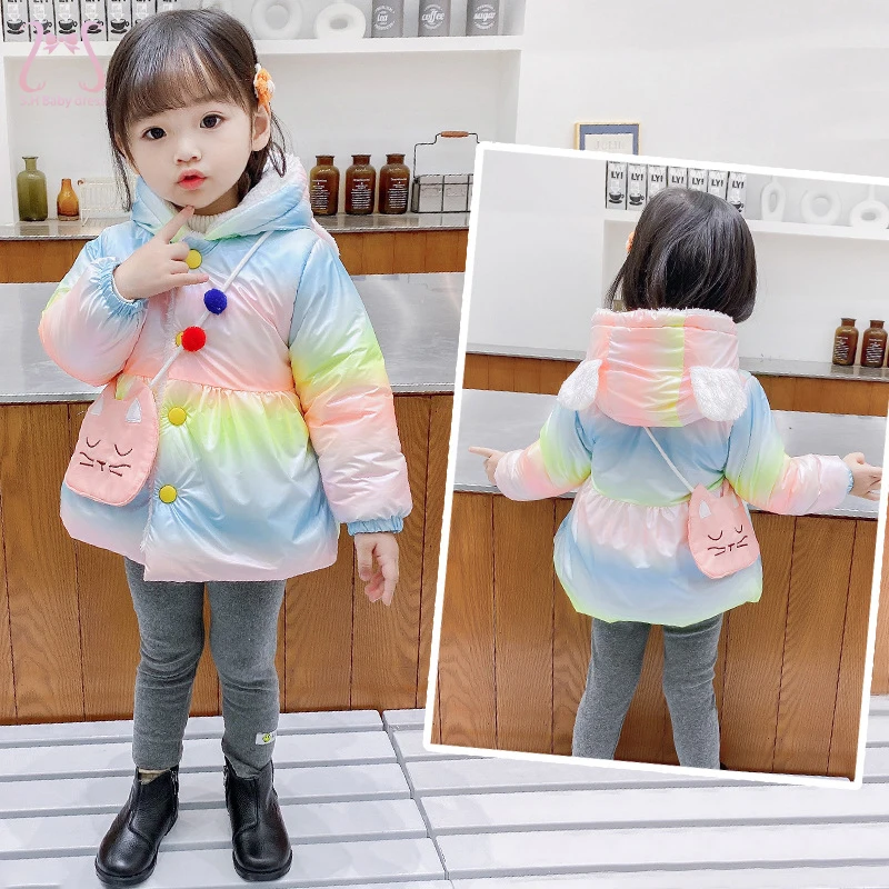 2Pcs/set Winter Warm Children Coat Colorful Baby Girl Clothing Cat Ears Sweet Kids' Costume + Cat Bag 1-4 Y Cute Toddler Clothes