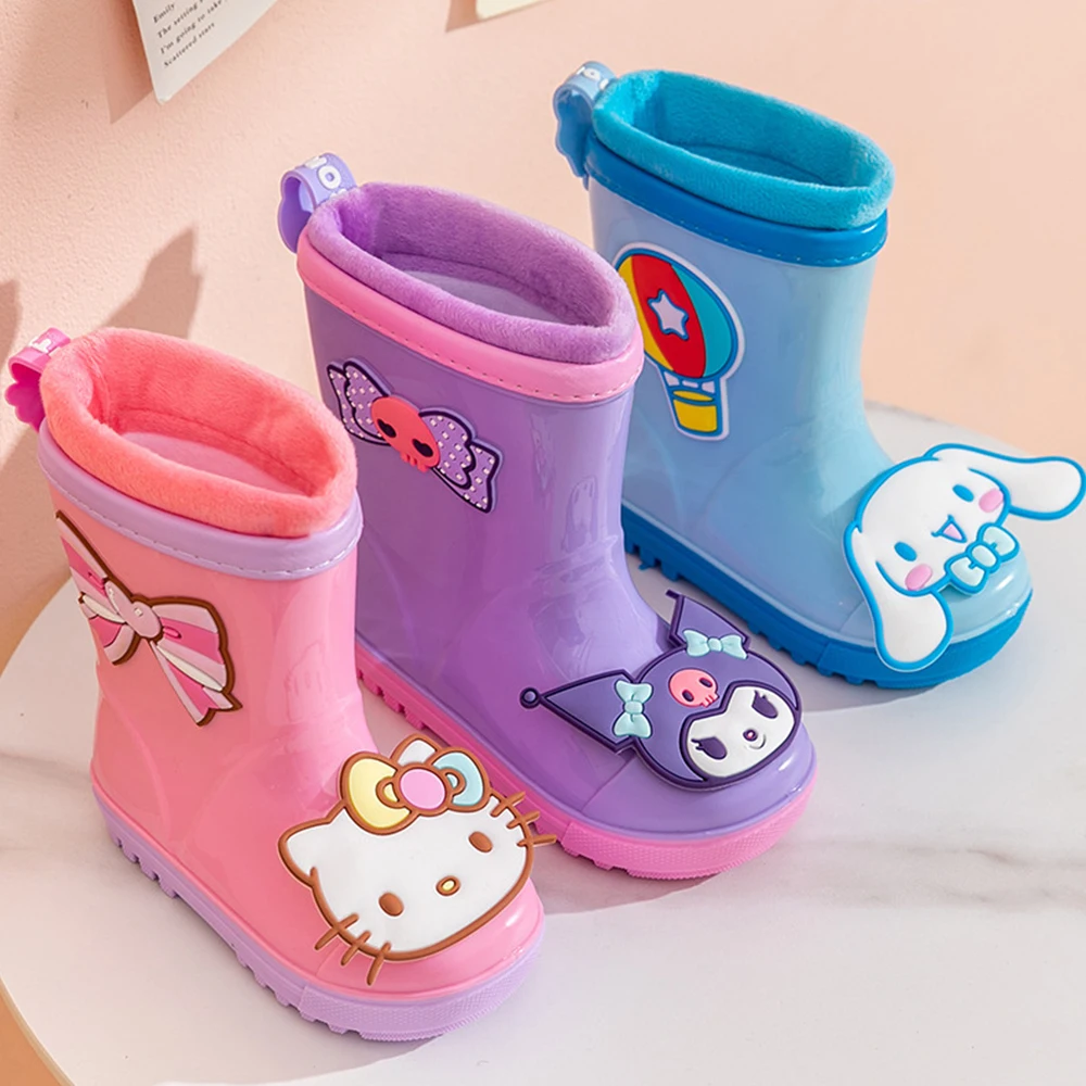

Детская резиновая обувь Sanrios Hello Kitty Kuromi Cinnamoroll аниме Kawaii Мультфильм резиновые сапоги для девочек Водонепроницаемая нескользящая обувь для воды