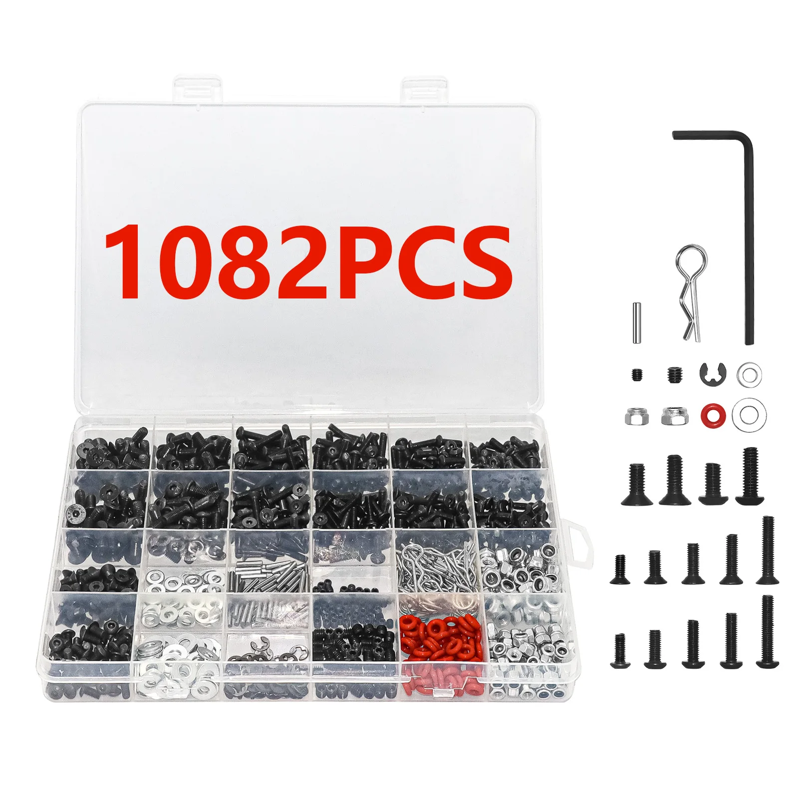 1082pcs Universal RC Screw Kit with Storage Box Screws Assortment Set, Repair Tool Hardware Fasteners for 1/8 1/10 1/12 1/16 car