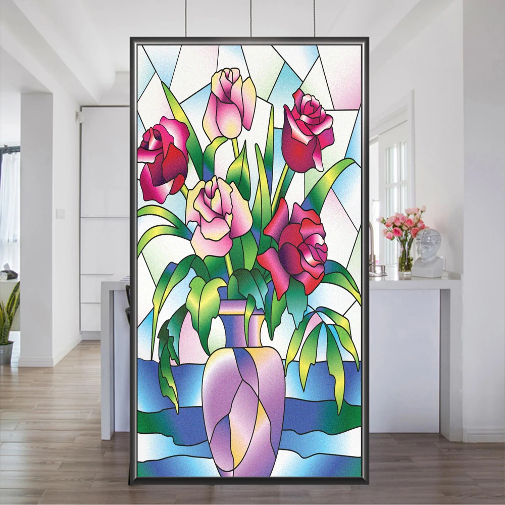 

Privacy Window Frosted Film Sun Blocking Static No Glue Glass Window Sticker Flower Pattern Bathroom Door Decoration Film