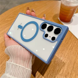 Luxury Magnetic Matte Frame Transparent Phone Case Cover - Galaxy S23+ (Light Blue Case)