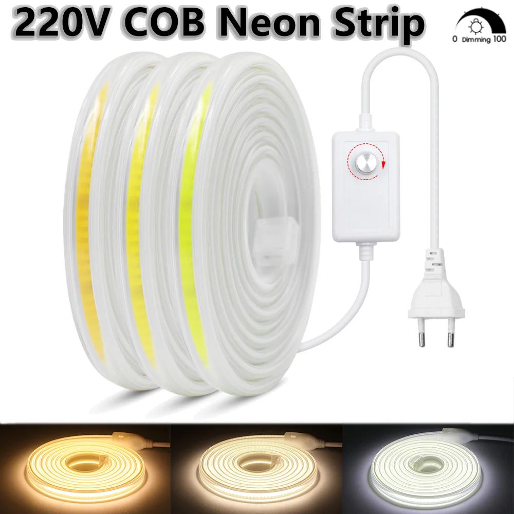 

220V Dimmable COB LED Strip Neon Light Silicone Tube Lamp 288Leds/m High Density Linear Lighting Waterproof Flexible LED Tape